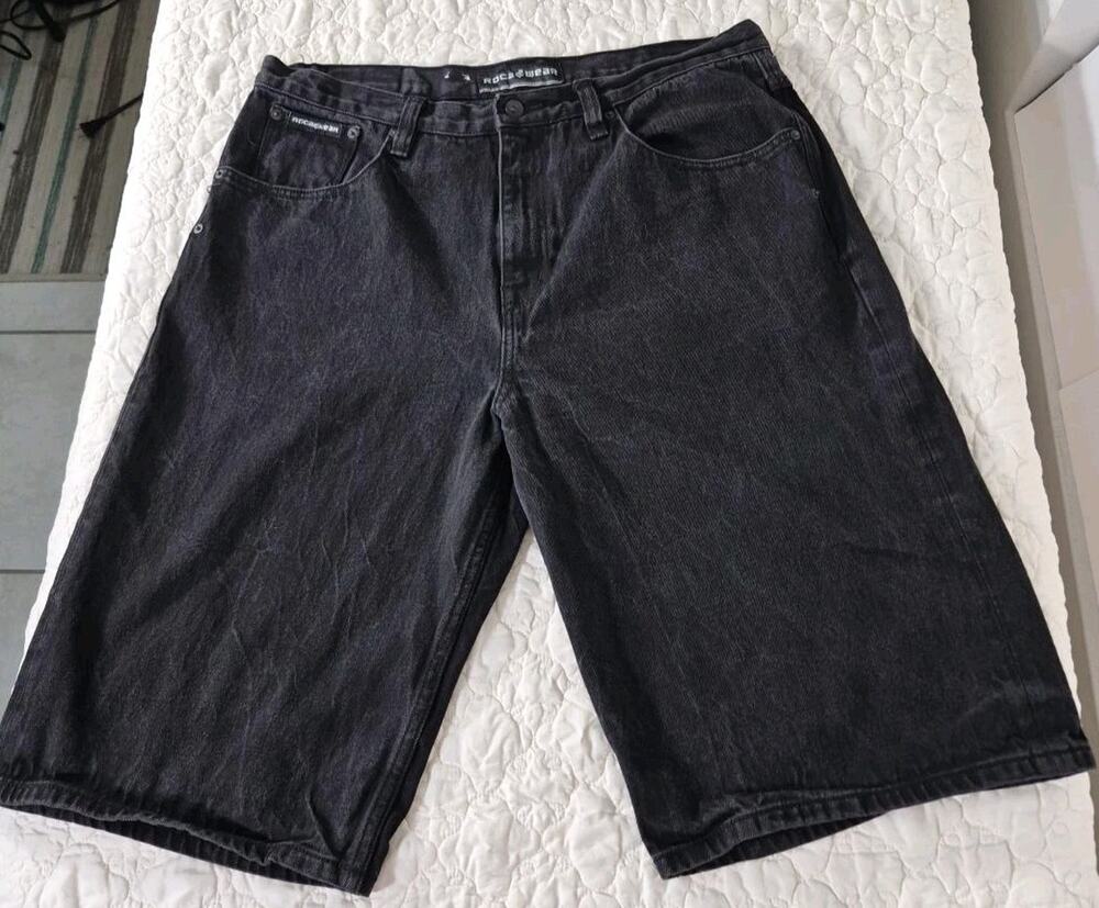 Rocawear Mens 38 Black Denim Shorts Baggy Hip Hop Y2K Long Jorts 100% Cotton